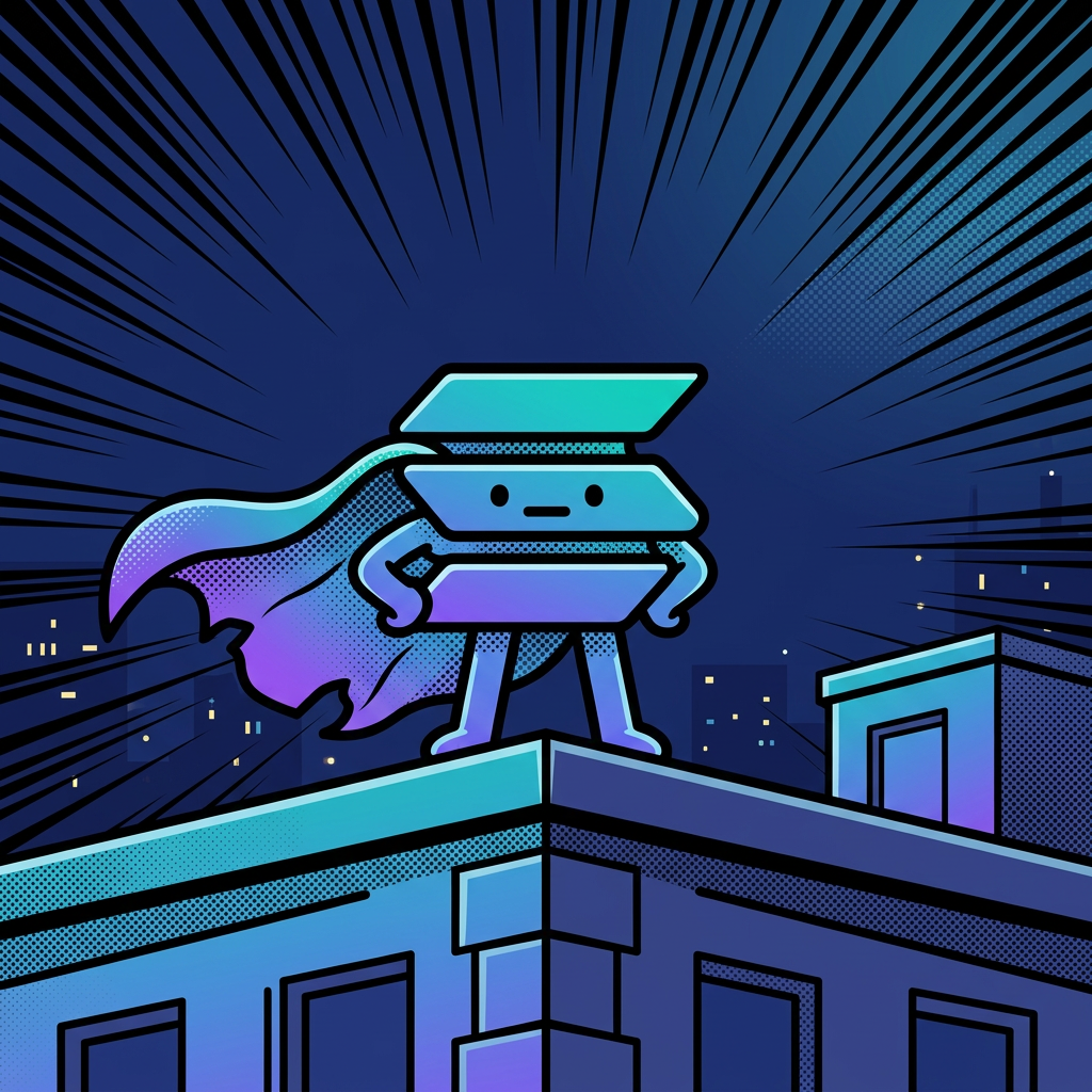Sol the Savior standing heroically on a rooftop in a cape